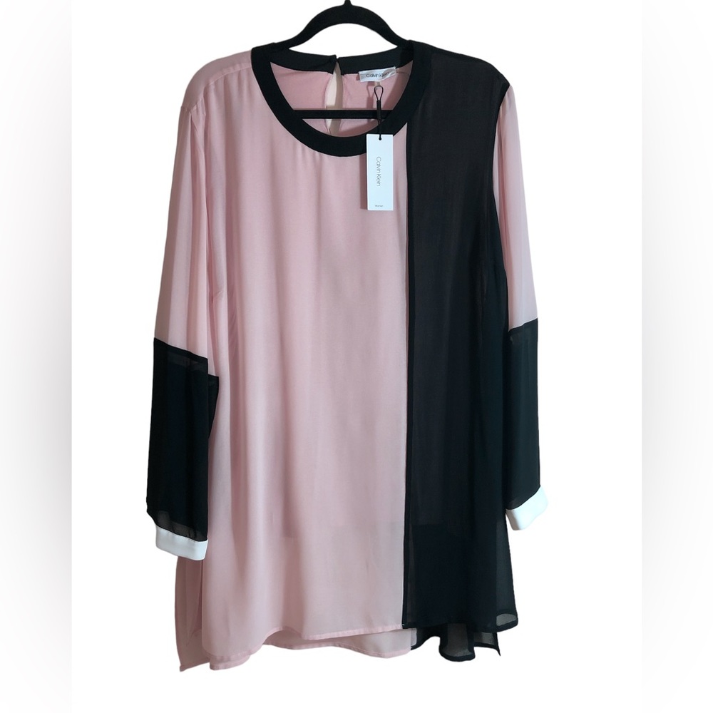 NWT Calvin Klein Chiffon Color Block Top 1X Light Pink & Black
